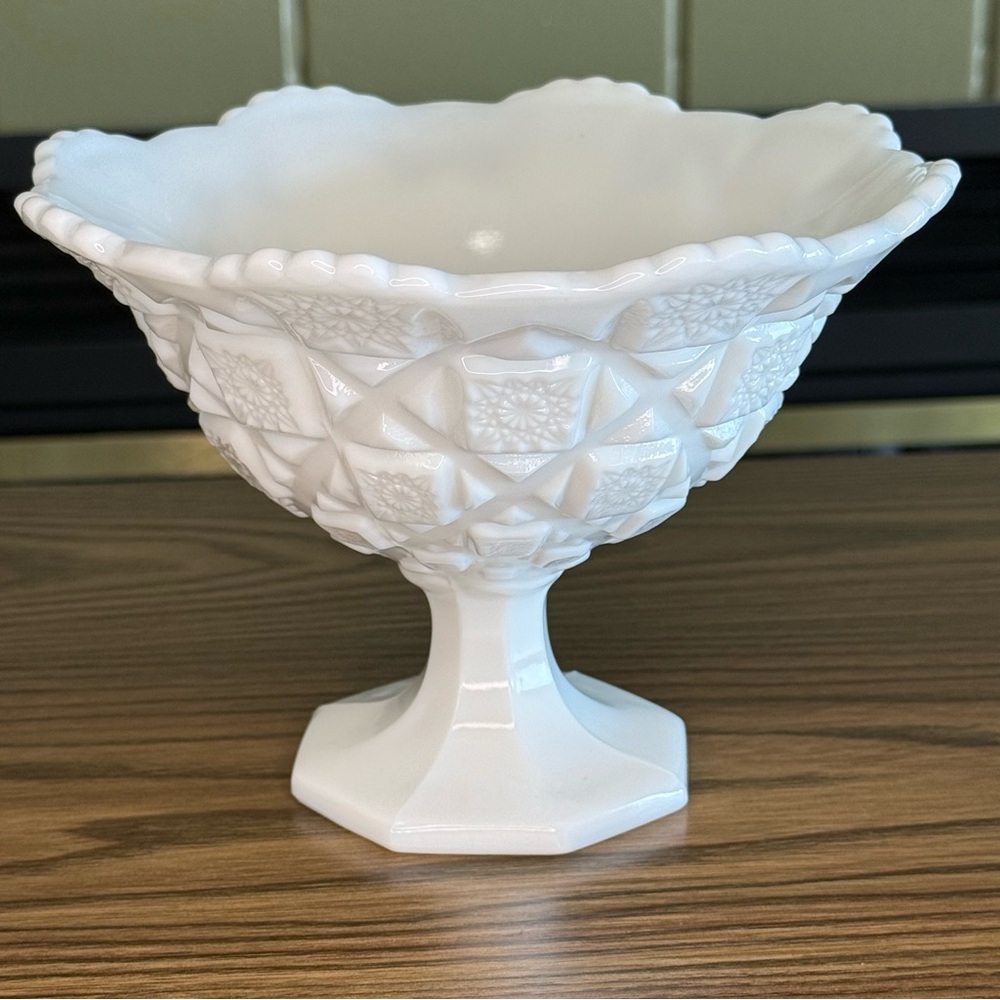 Vintage Westmoreland Milk Glass Compote-Old Quilt Pattern